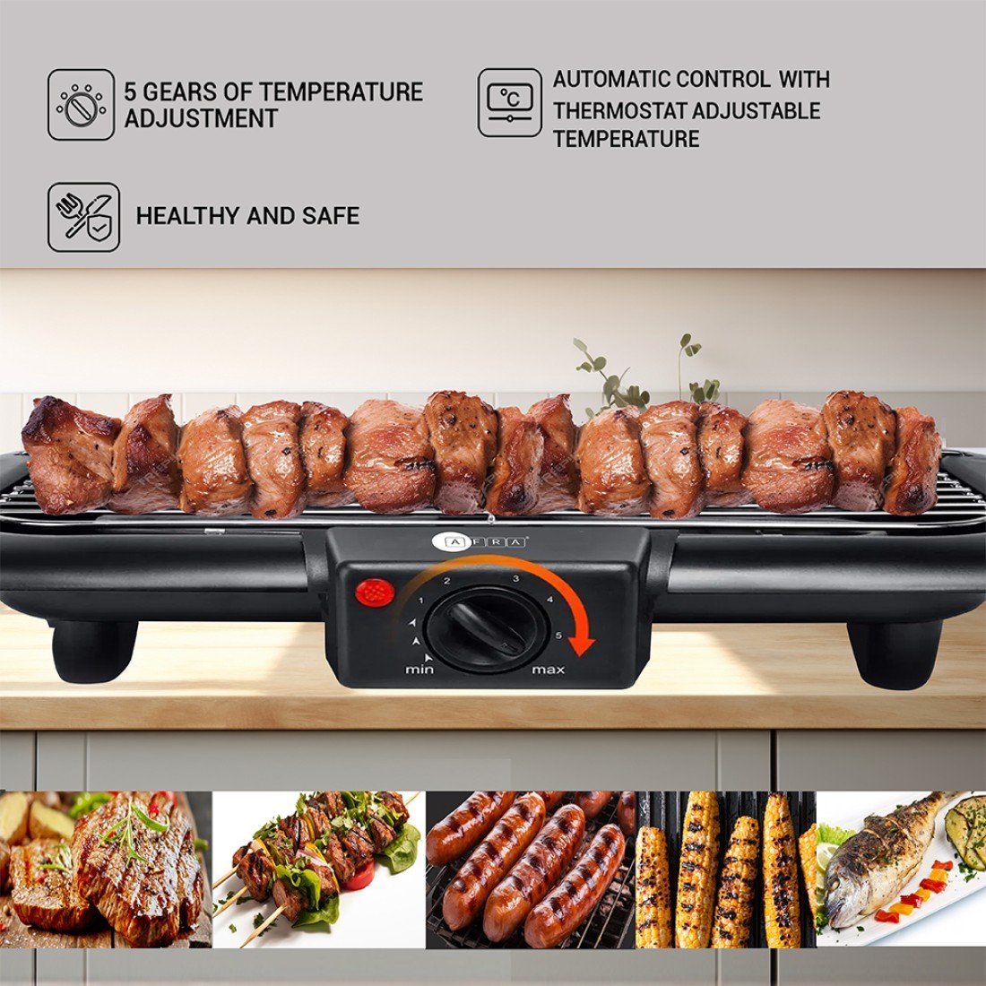 AFRA Electric BBQ Grill 2000W – Indoor/Outdoor, Thermostat, Smoke-Free – AF-2000BGBK - Image 4