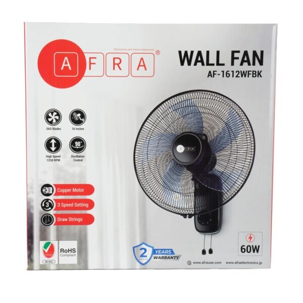 AFRA 16-Inch Wall Mount Fan, 60W, 1250 RPM, 3-Speed Settings, 90° Oscillation – AF-1612WFBK, 2Y Warranty - Image 5