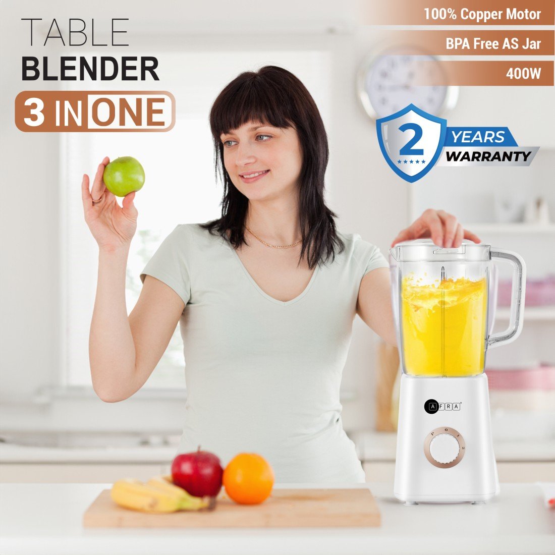 AFRA 3-in-1 Blender 400W, BPA-Free 1.5L Jar, Chopper & Grinder, Filter – AF-0400BLWT - Image 2