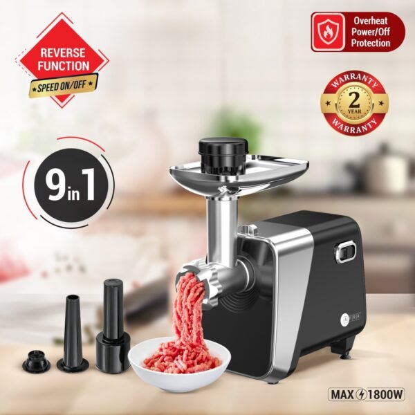 AFRA 1800W Meat Grinder – 2kg Capacity, Stainless Steel Blade, Kibbeh & Sausage Kit – AF-1800MGBK - Image 2