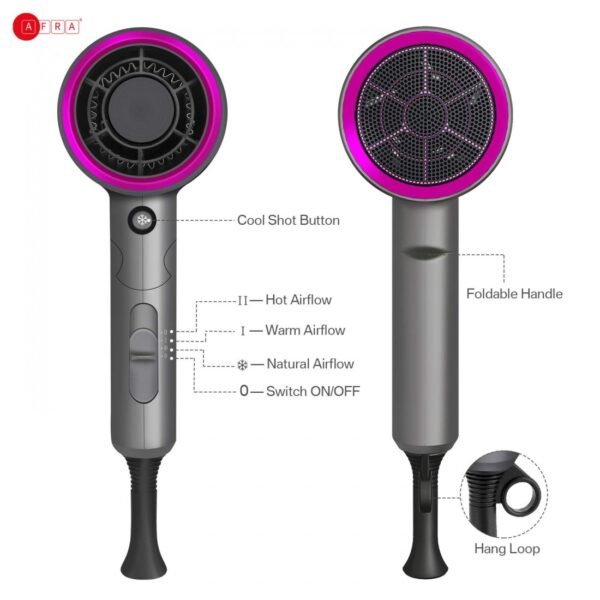 AFRA Hair Dryer 1400W – Ionic, Cool Shot, Foldable, DC Motor, Concentrator – AF-1400HDPG - Image 6