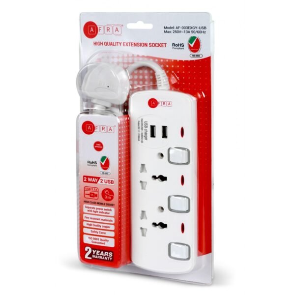 AFRA Extension Cord AF-003EXGY-USB – 2-Way, 2 USB Ports, 3M Cable, 250V, Shock-Proof, 2-Year Warranty - Image 5