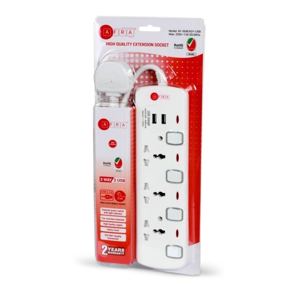 AFRA Extension Cord AF-004EXGY-USB – 3M, 2 USB Ports, Shock Proof, 250V, Plastic Housing, 2-Year Warranty - Image 5