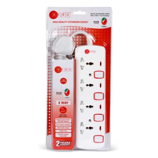 AFRA Extension Cord AF-004EXRD-10MT – 10M Cable, 4 Universal Sockets, 250V, Shockproof, 2-Year Warranty