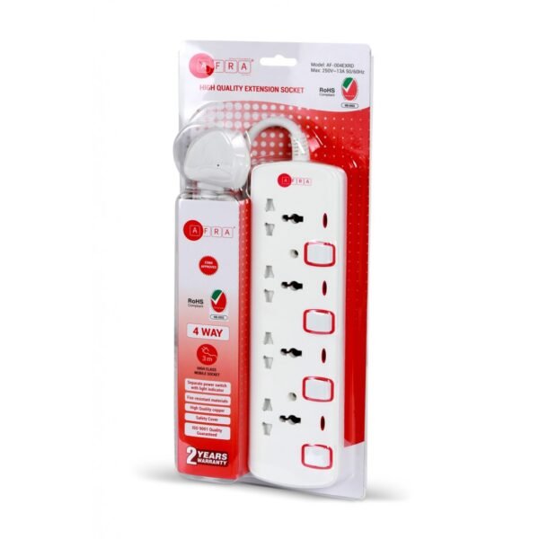 AFRA Universal Extension Cord AF-004EXRD – 4-Way, 3M Cable, 250V, Shock-Proof, Japan Standard - Image 4