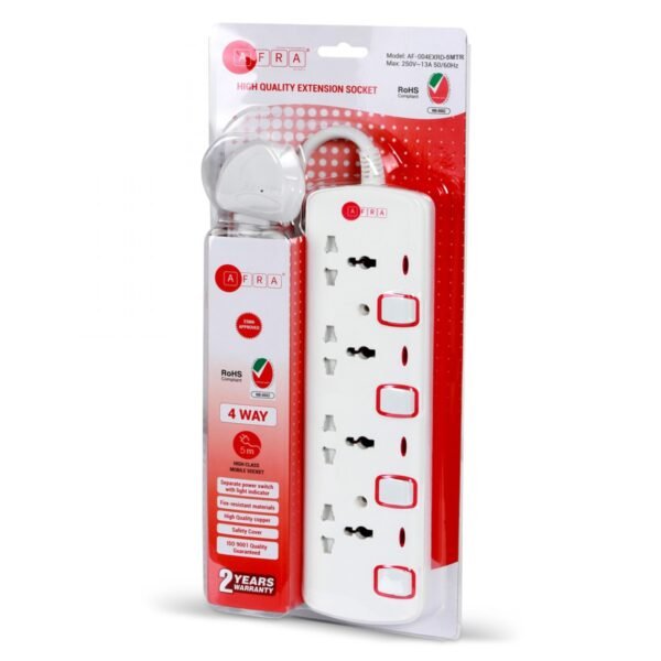 AFRA Extension Cord AF-004EXRD-5MT – 5M Cable, 4 Universal Sockets, Shockproof, 250V, 2-Year Warranty - Image 2