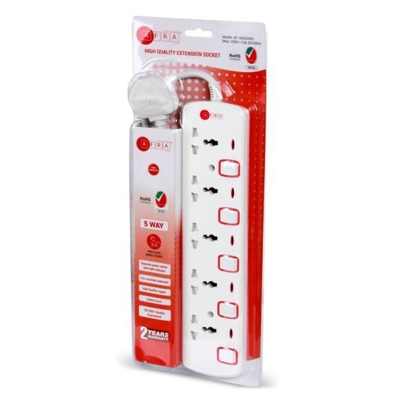 AFRA Extension Cord AF-005EXRD – 3M Cable, 5-Way Universal Sockets, 250V, Shockproof, Easy Setup - Image 6