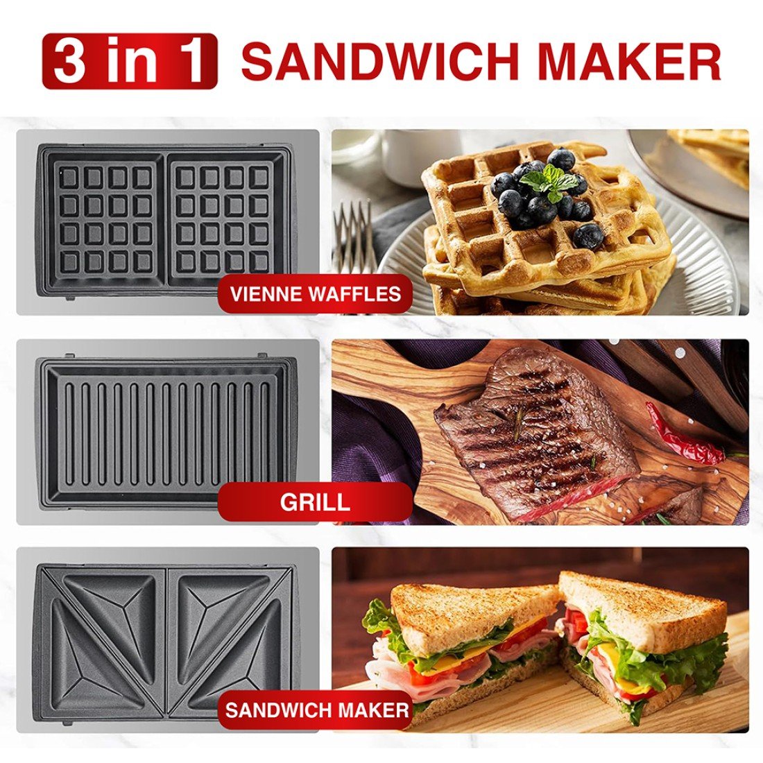 AFRA 3-in-1 750W Sandwich Maker – Detachable Non-Stick Plates: Grill, Waffle, Sandwich – AF-8023SMSS - Image 6