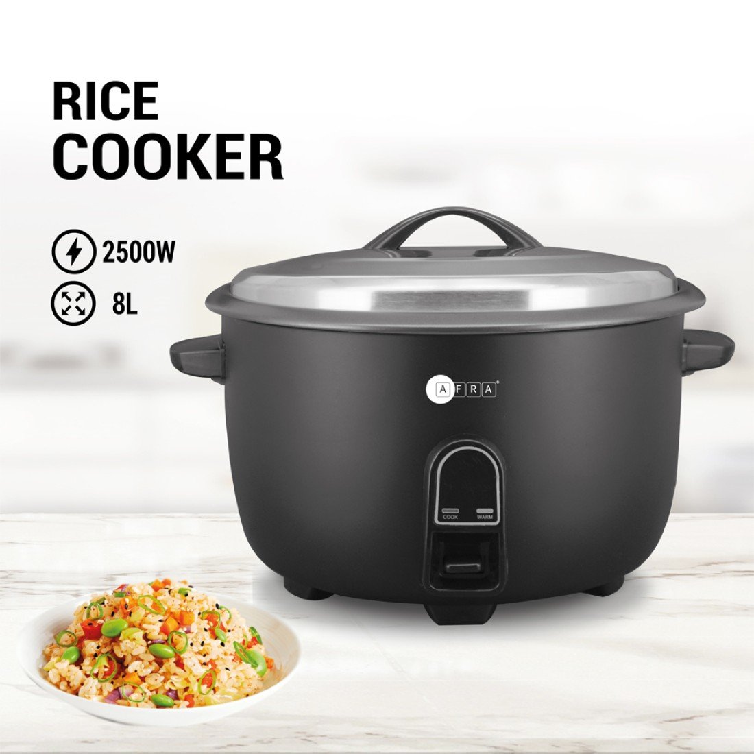 AFRA Rice Cooker 8L – 2500W, Keep-Warm Function, High Temp Protection – AF-8025RCBK - Image 4