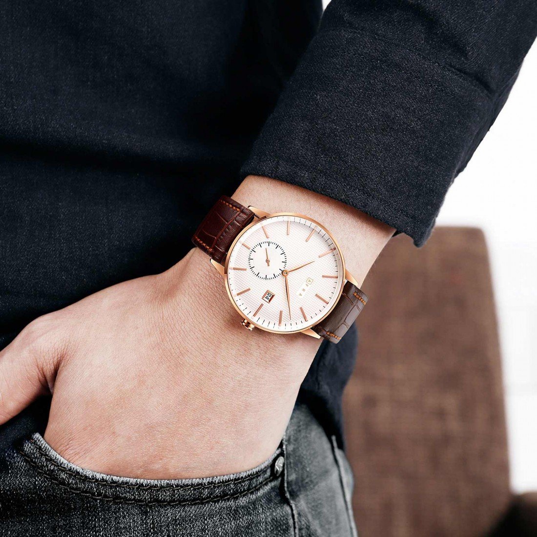 AFRA Radius Gents Watch | Rose Gold Case | White Dial | Brown Leather Strap | AF11501 - Image 2