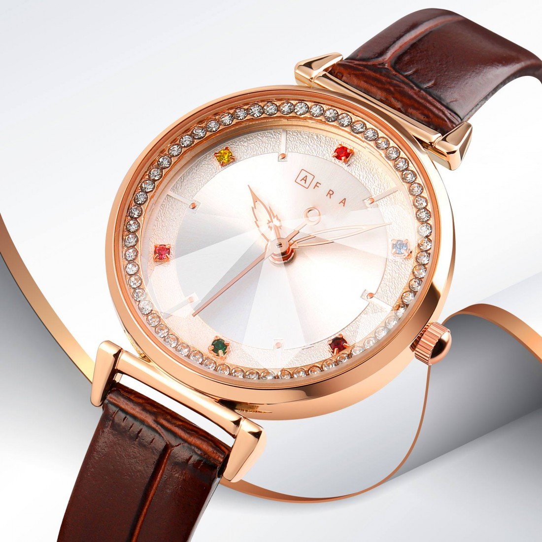 AFRA Gemma Ladies Watch | Rose Gold Case | White Dial | Brown Leather Strap | Classic Style | AF20803 - Image 3