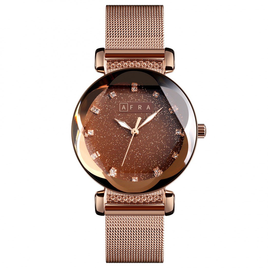 AFRA Stelara Ladies Watch | Rose Gold Case | Brown Dial | Rose Gold Mesh Bracelet | AF21901
