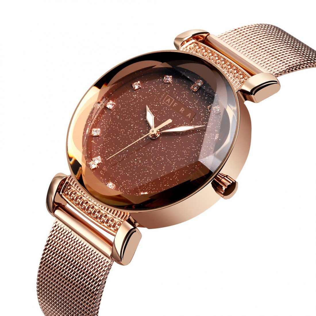 AFRA Stelara Ladies Watch | Rose Gold Case | Brown Dial | Rose Gold Mesh Bracelet | AF21901 - Image 3