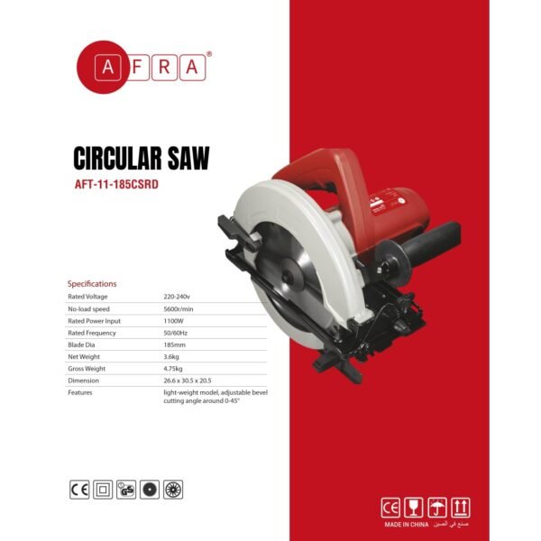 AFRA Circular Saw - Model AFT-11-185CSRD | 185mm Blade | 1100W | 5600 RPM | Adjustable 0–45° Bevel - Image 7