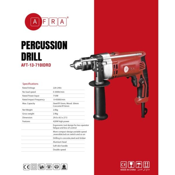 AFRA Impact Drill - Model AFT-13-710IDRD | 710W | 13mm Chuck | Variable Speed | Aluminum Head - Image 2