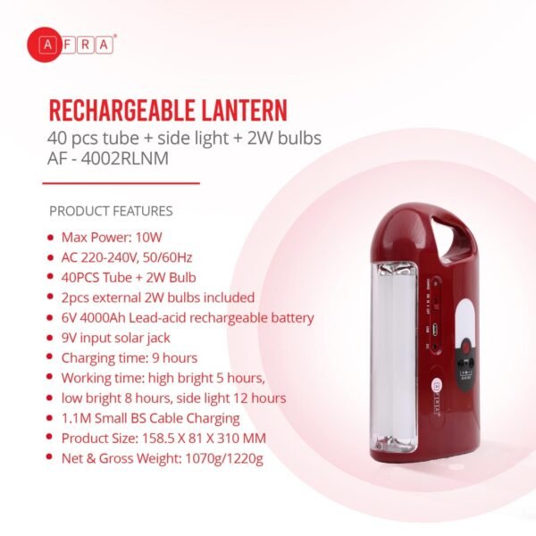 AFRA Rechargeable Lantern | 10W | 40 LED Tube + 2W Bulb | Solar Charging | 4000Ah Battery | AF-4002RLNM - Image 5