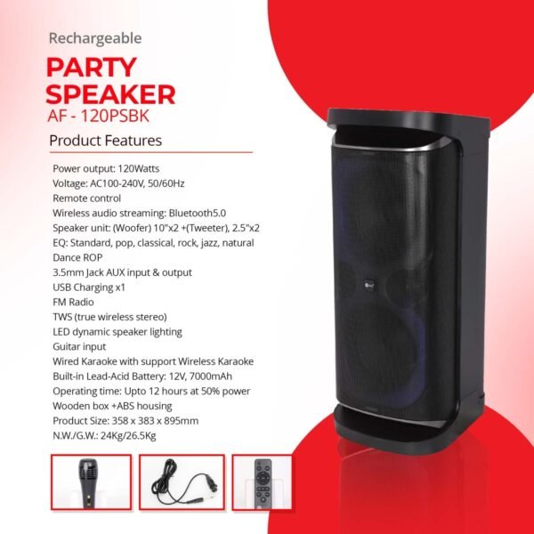 AFRA Party Speaker | 120W Output | LED Lights | Karaoke Mic | 7000mAh Battery | AF-120PSBK - Image 7