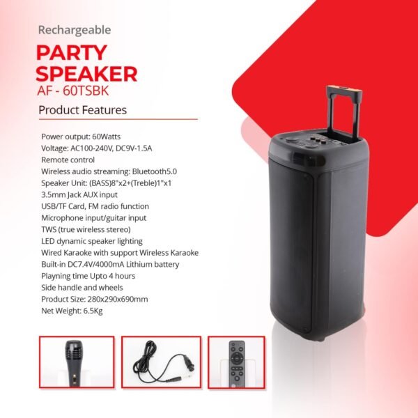 AFRA Trolley Speaker | 60W Dual Speakers | 4000mAh Battery | True Wireless Stereo | AF-60TSBK - Image 7