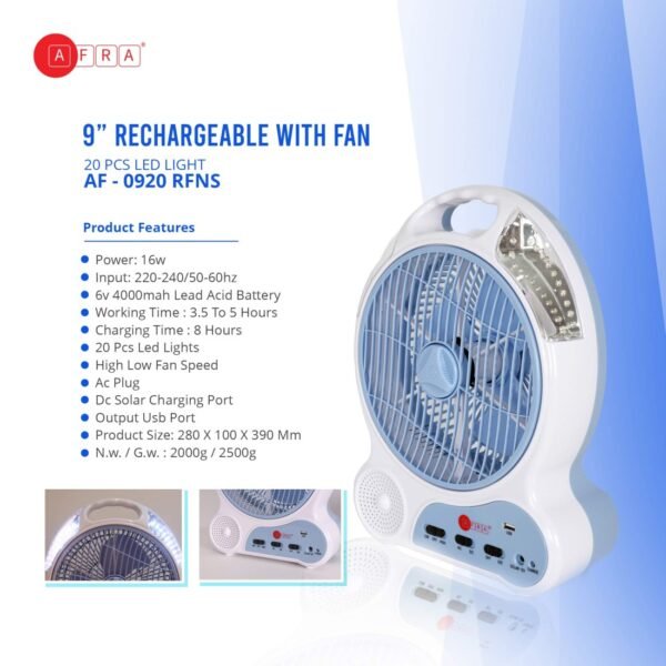 AFRA Rechargeable LED Fan 16W, White, Plastic Body, Solar Charging Port – AF-0920RFNS, 2Y Warranty - Image 4